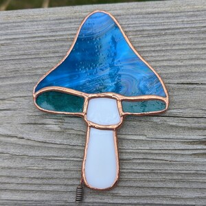 Stained Glass Mushroom Plant Stake Blue & Green Stained Glass Garden Stake image 5