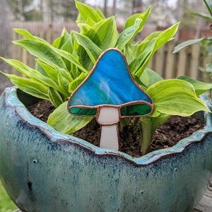 Stained Glass Mushroom Plant Stake Blue & Green Stained Glass Garden Stake image 8