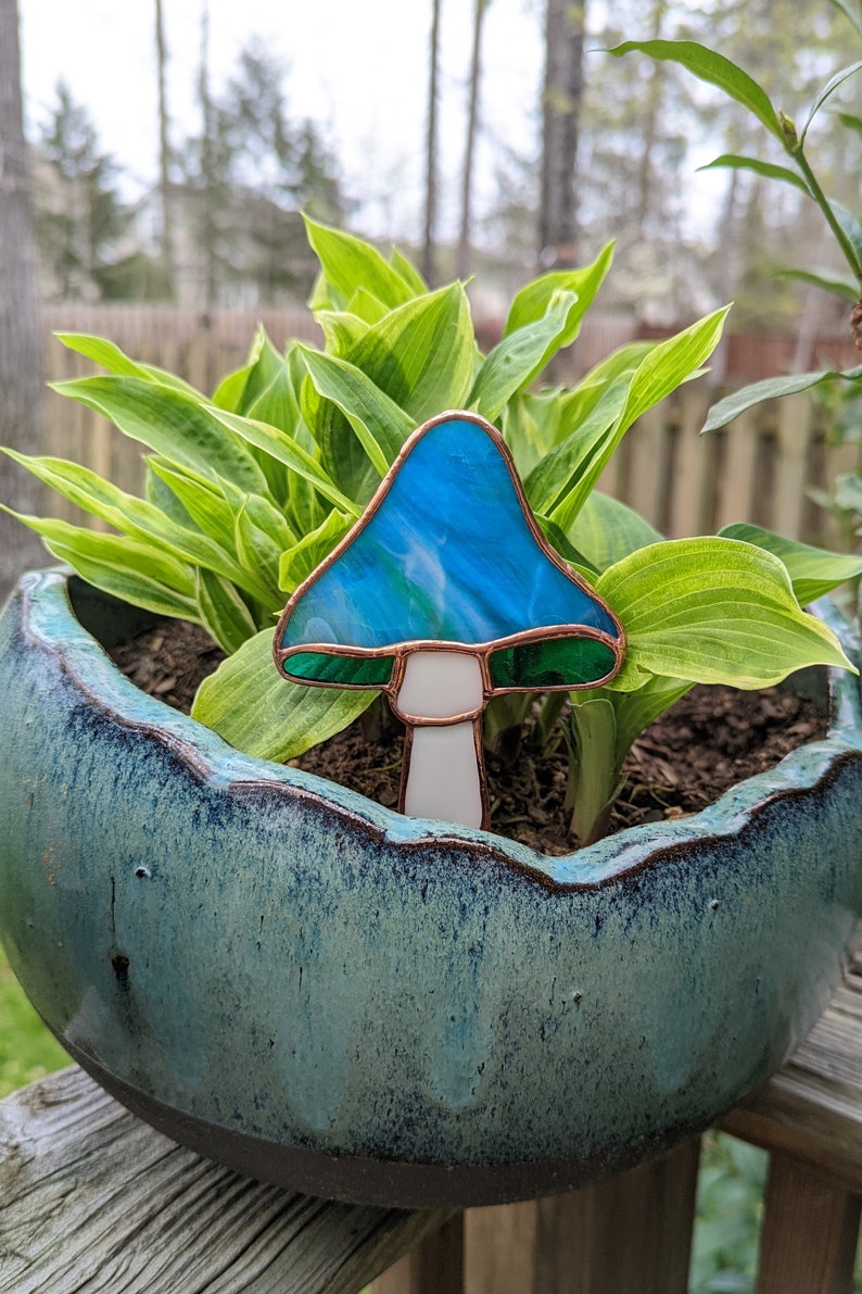 Stained Glass Mushroom Plant Stake Blue & Green Stained Glass Garden Stake image 8