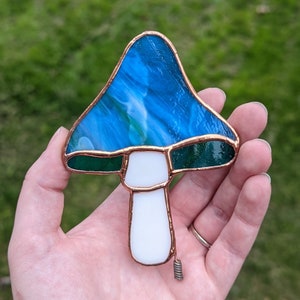 Stained Glass Mushroom Plant Stake Blue & Green Stained Glass Garden Stake image 6