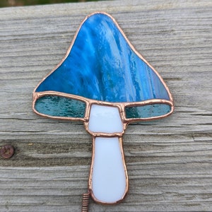 Stained Glass Mushroom Plant Stake Blue & Green Stained Glass Garden Stake image 4