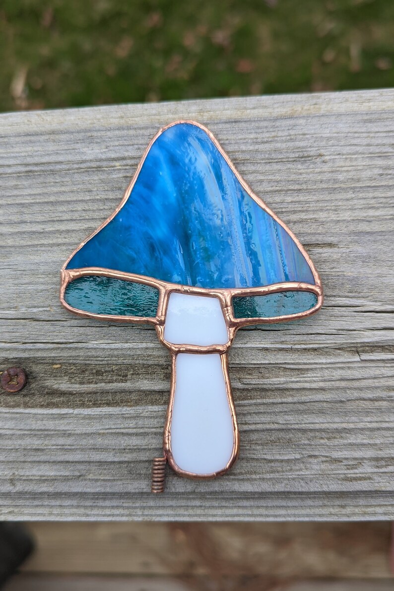 Stained Glass Mushroom Plant Stake Blue & Green Stained Glass Garden Stake image 4