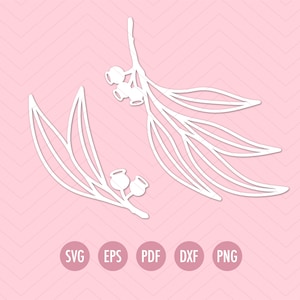 May include: A white outline drawing of two eucalyptus branches with leaves and berries on a pink chevron background.