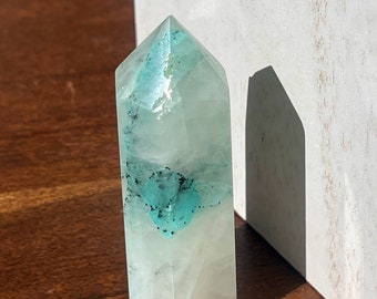 Quantum Quattro Silica Tower | Malachite, Dioptase,Chrysocolla, Shattuckite in a Smoky Quartz matrix | AAA Grade Crystal’s