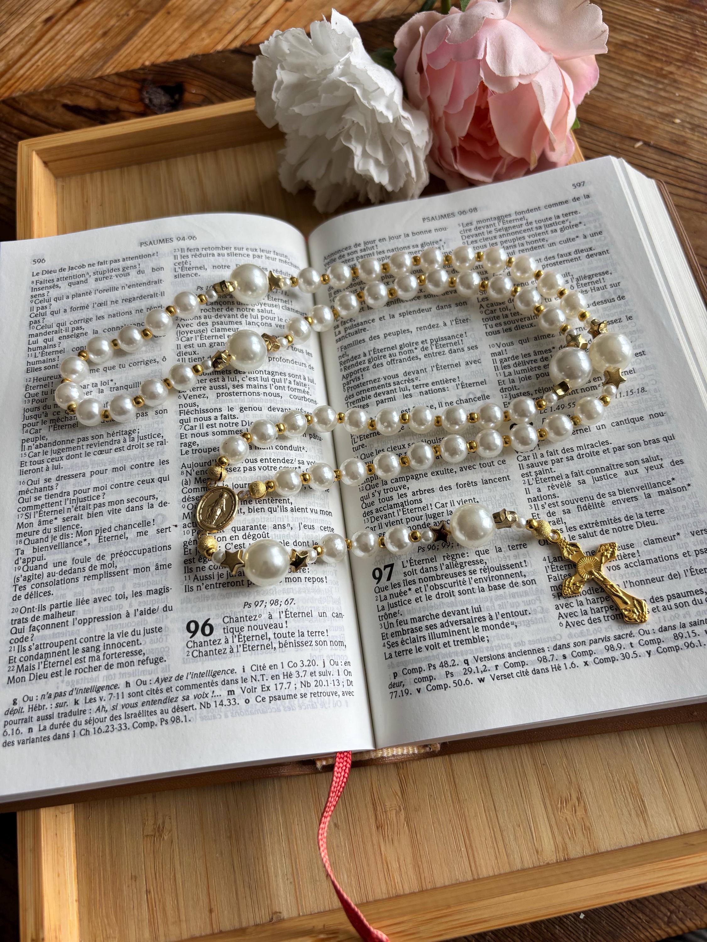 Traditional White Pearly Christian Rosary, Handmade With Gold