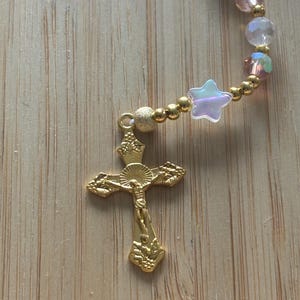 Christian rosary, Christian rosary, pink pearl rosary, pink crystal rosary, gold cross rosary, protection rosary, religious gift image 3