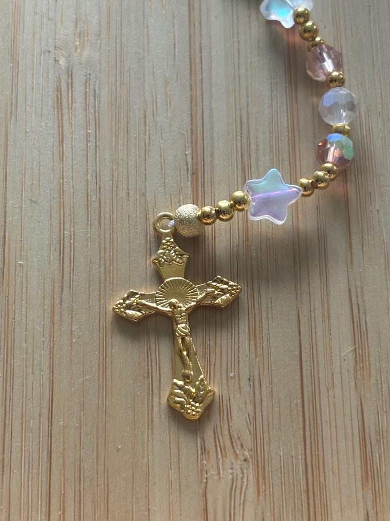 Christian rosary, Christian rosary, pink pearl rosary, pink crystal rosary, gold cross rosary, protection rosary, religious gift image 3