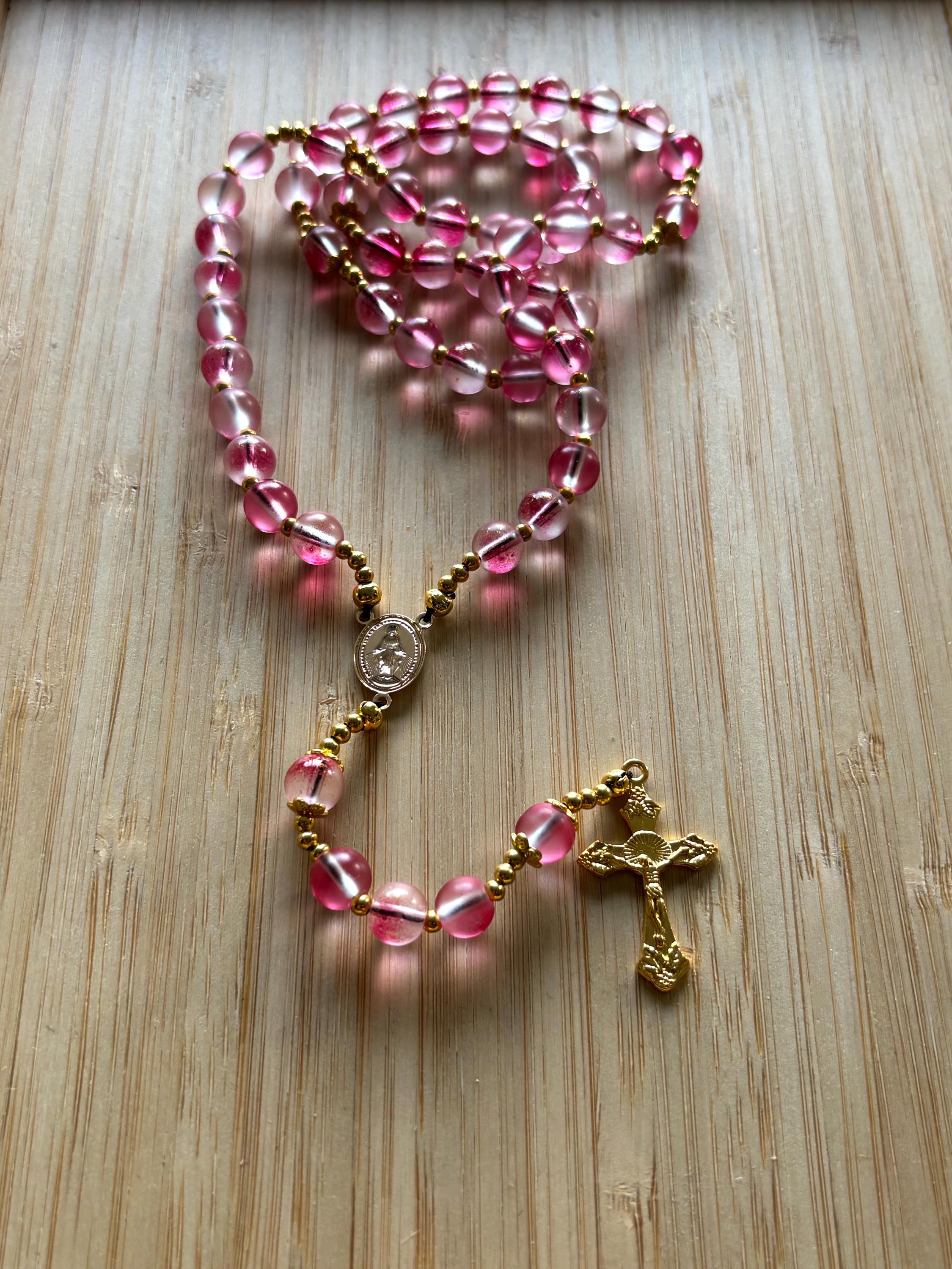 Christian rosary, pink and gold beaded rosary, pink glass beaded rosary, rose gold rosary, Christian rosary, protection rosary, gift