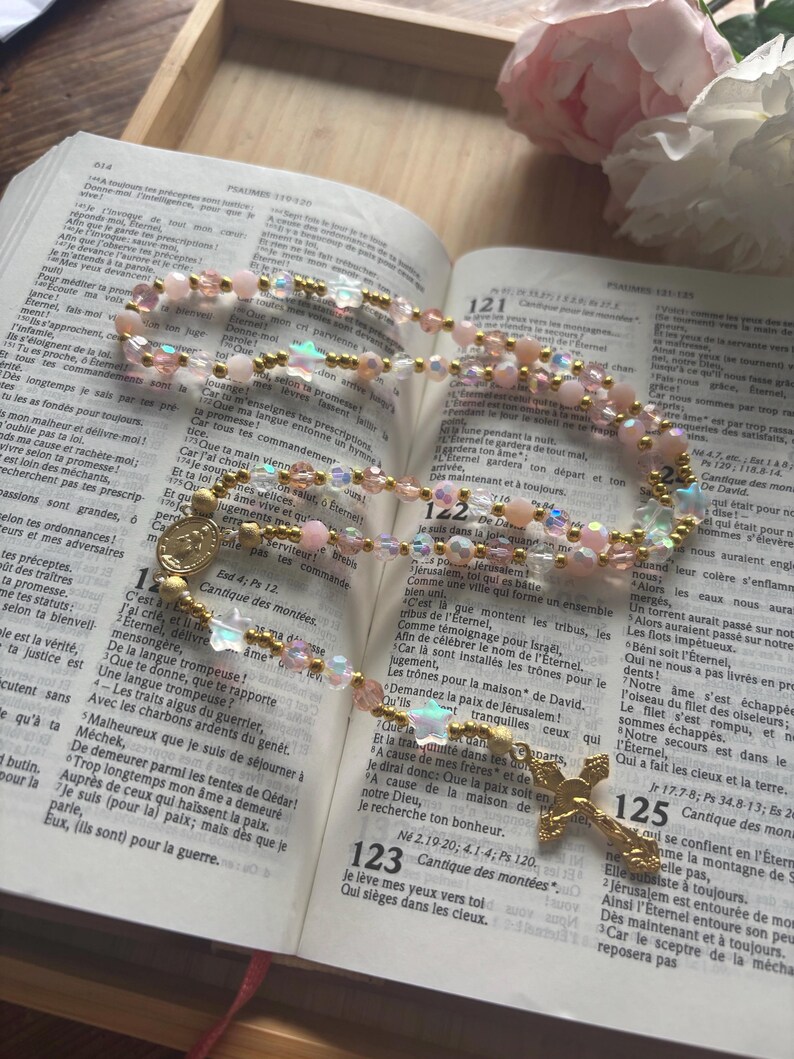 Christian rosary, Christian rosary, pink pearl rosary, pink crystal rosary, gold cross rosary, protection rosary, religious gift image 10