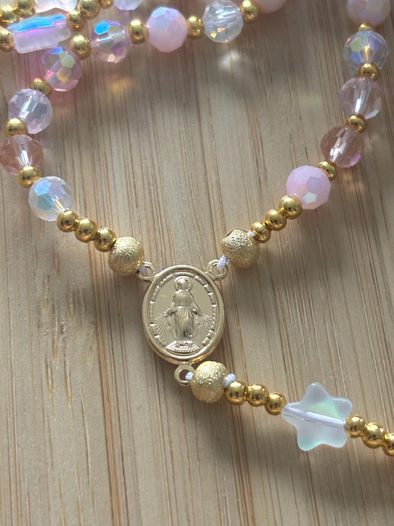 Christian rosary, Christian rosary, pink pearl rosary, pink crystal rosary, gold cross rosary, protection rosary, religious gift image 4