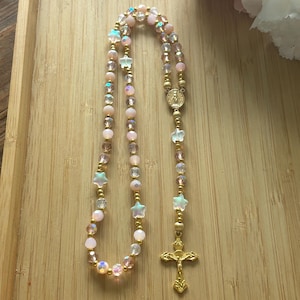 Christian rosary, Christian rosary, pink pearl rosary, pink crystal rosary, gold cross rosary, protection rosary, religious gift image 6