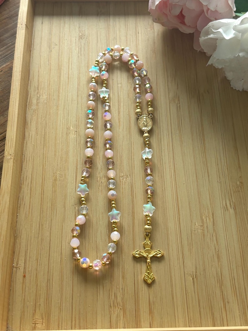 Christian rosary, Christian rosary, pink pearl rosary, pink crystal rosary, gold cross rosary, protection rosary, religious gift image 6