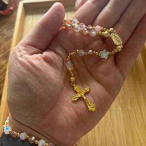 Christian rosary, Christian rosary, pink pearl rosary, pink crystal rosary, gold cross rosary, protection rosary, religious gift image 8