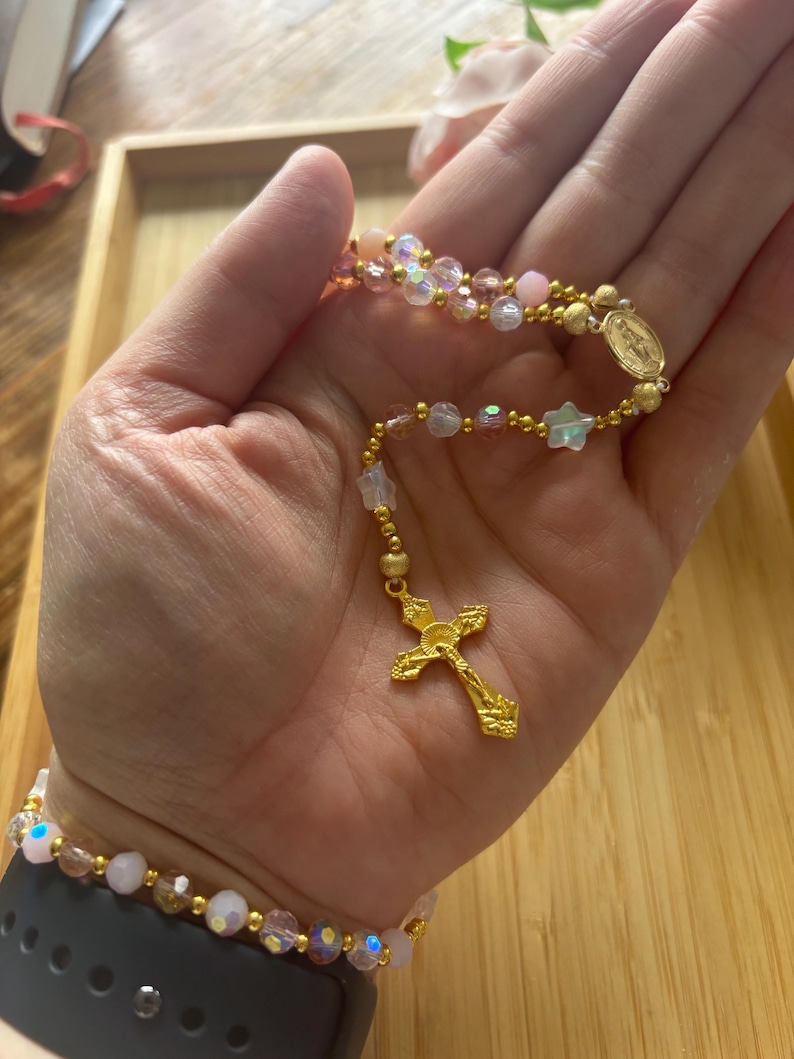 Christian rosary, Christian rosary, pink pearl rosary, pink crystal rosary, gold cross rosary, protection rosary, religious gift image 8