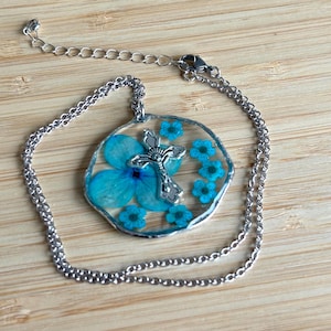 Silver pendant necklace, floral religious pendant, dried flower pendant, flower cross pendant, blue flower pendant, gifts
