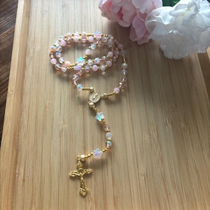 Christian rosary, Christian rosary, pink pearl rosary, pink crystal rosary, gold cross rosary, protection rosary, religious gift image 1