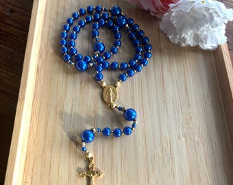 Christian rosary, traditional Catholic rosary, pearly blue rosary, gold cross, religious and spiritual gift