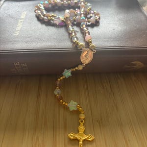 Christian rosary, Christian rosary, pink pearl rosary, pink crystal rosary, gold cross rosary, protection rosary, religious gift image 11
