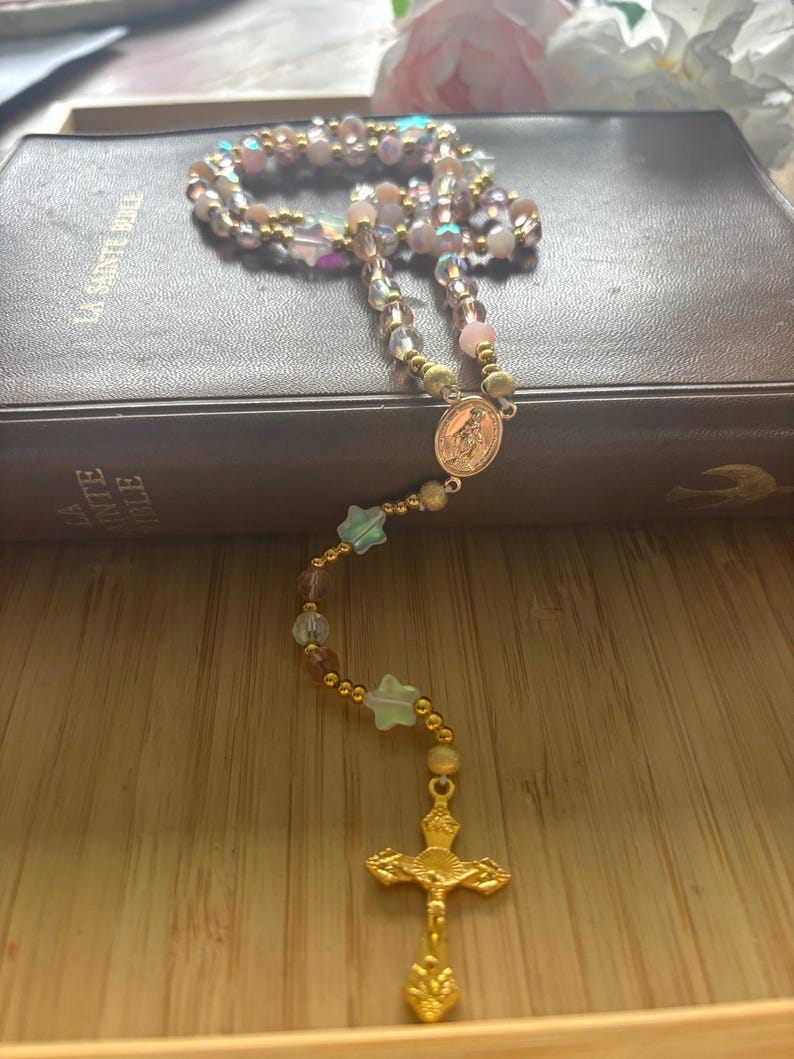 Christian rosary, Christian rosary, pink pearl rosary, pink crystal rosary, gold cross rosary, protection rosary, religious gift image 11