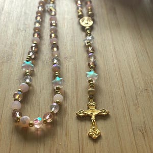 Christian rosary, Christian rosary, pink pearl rosary, pink crystal rosary, gold cross rosary, protection rosary, religious gift image 7