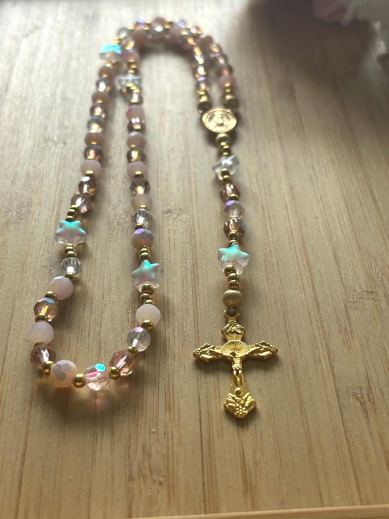 Christian rosary, Christian rosary, pink pearl rosary, pink crystal rosary, gold cross rosary, protection rosary, religious gift image 7