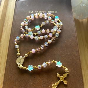 Christian rosary, Christian rosary, pink pearl rosary, pink crystal rosary, gold cross rosary, protection rosary, religious gift image 9