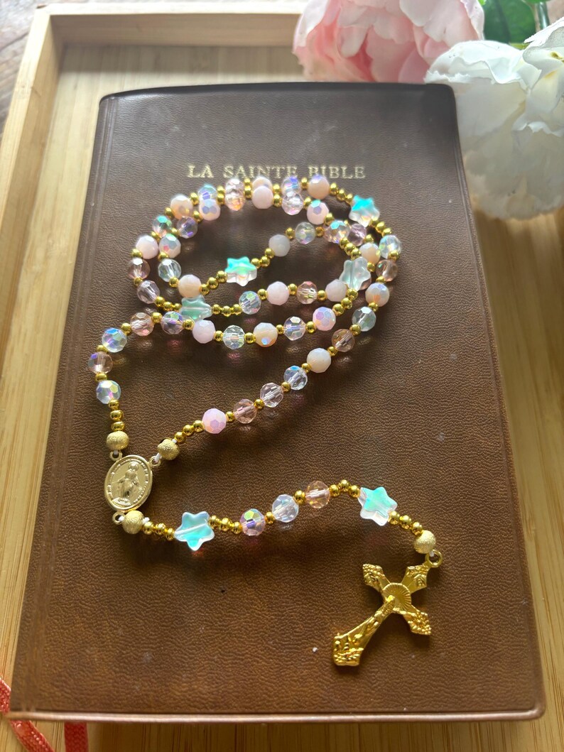 Christian rosary, Christian rosary, pink pearl rosary, pink crystal rosary, gold cross rosary, protection rosary, religious gift image 9