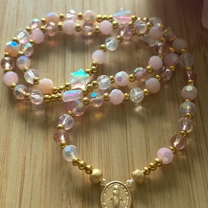 Christian rosary, Christian rosary, pink pearl rosary, pink crystal rosary, gold cross rosary, protection rosary, religious gift image 5