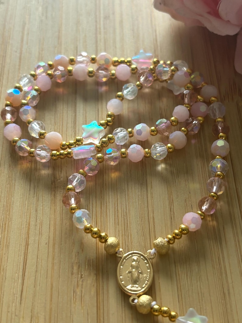 Christian rosary, Christian rosary, pink pearl rosary, pink crystal rosary, gold cross rosary, protection rosary, religious gift image 5