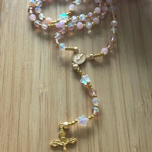 Christian rosary, Christian rosary, pink pearl rosary, pink crystal rosary, gold cross rosary, protection rosary, religious gift image 2