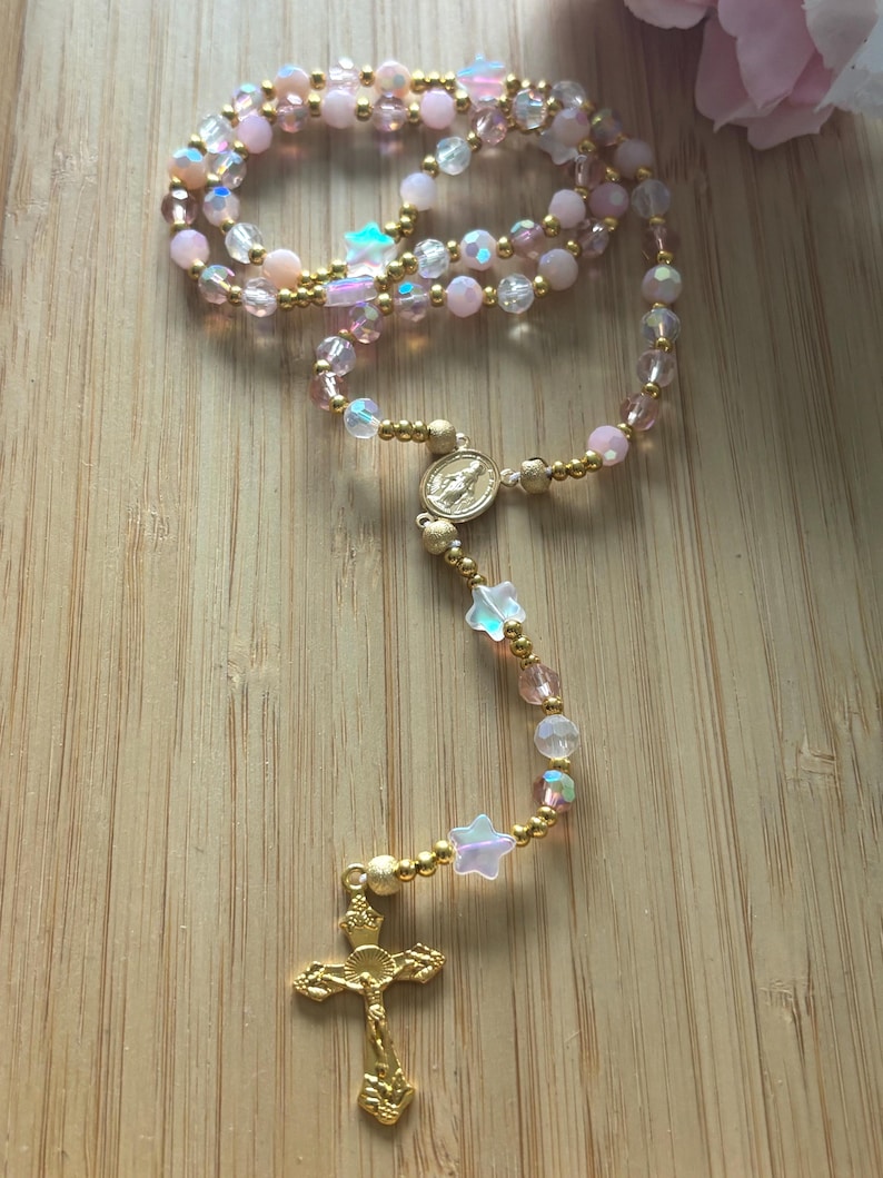 Christian rosary, Christian rosary, pink pearl rosary, pink crystal rosary, gold cross rosary, protection rosary, religious gift image 2