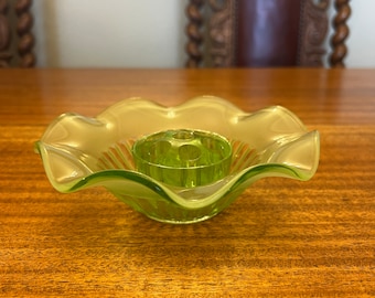 Vintage green glass flower bowl and frog for small floral arrangements - sustainable, eco, reusable, elegant