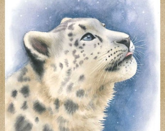 Snow Leopard Catching Snowflakes hand painted watercolor painting digital copy