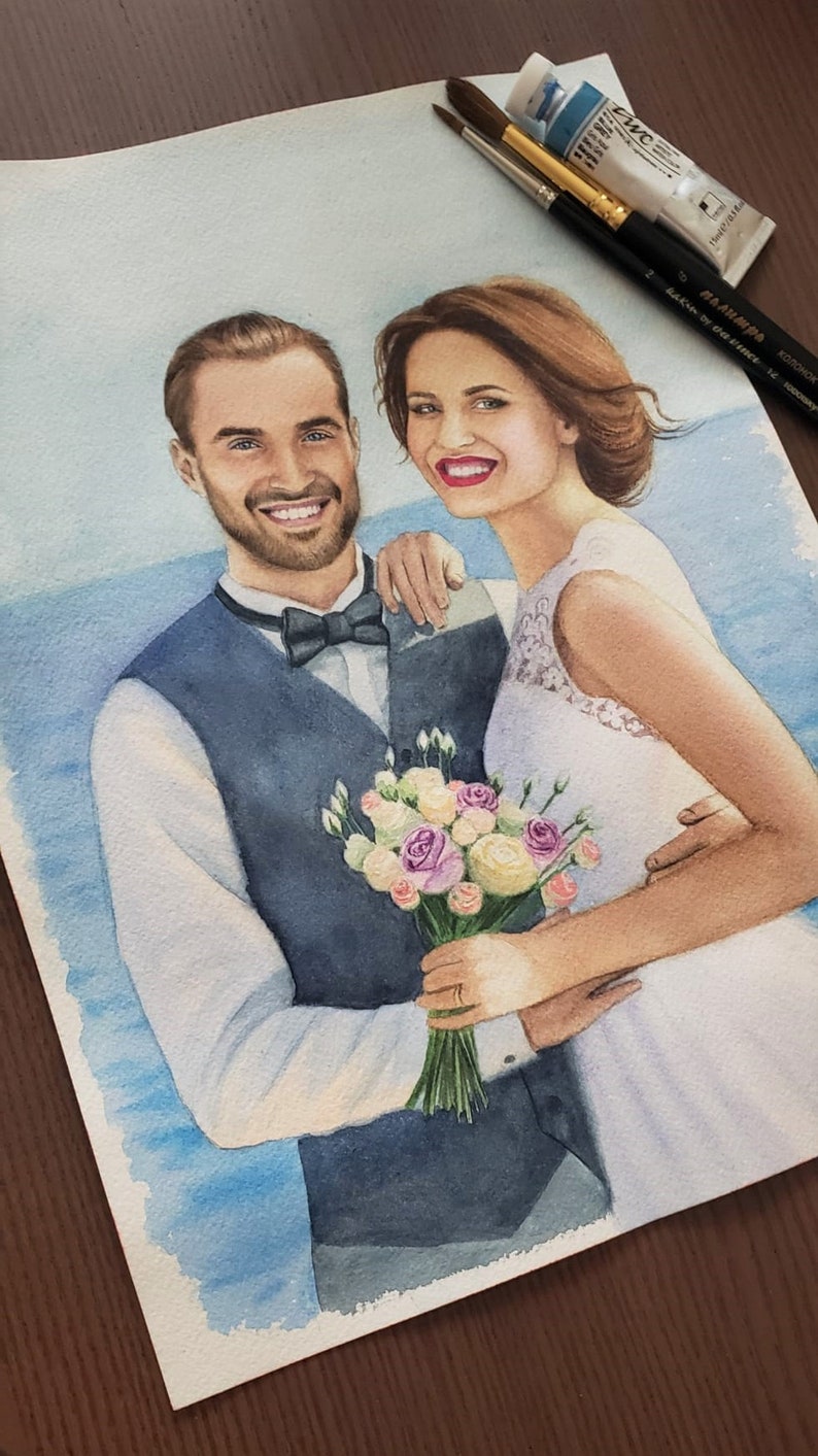 Hand Painted Wedding Portrait Watercolor Painting from Photo image 4