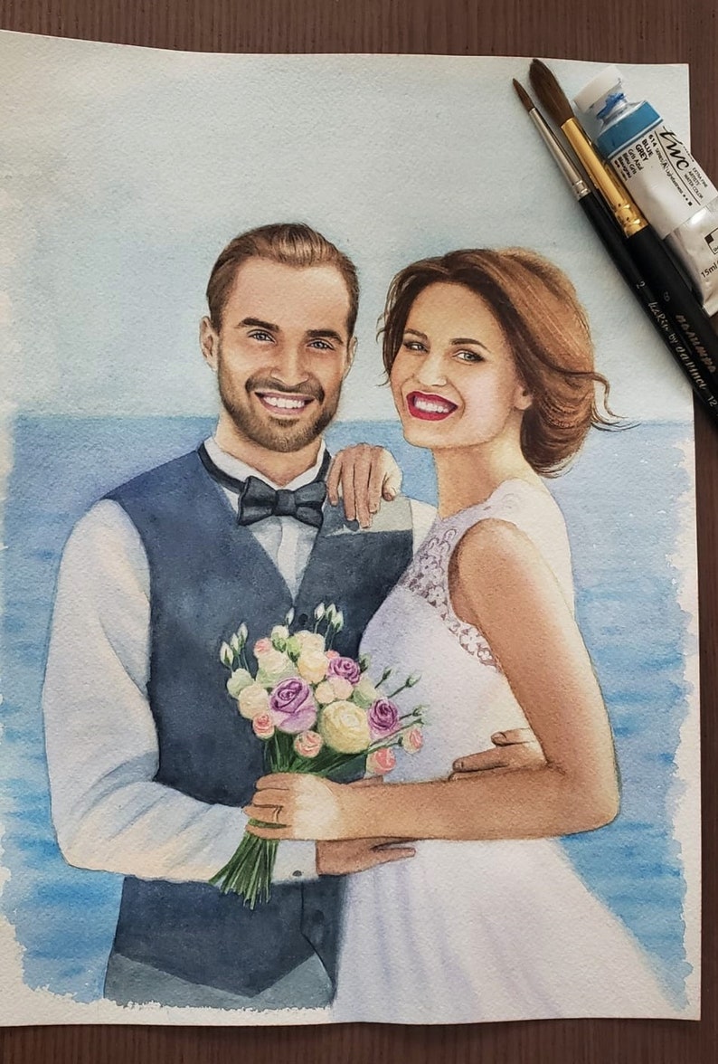 Hand Painted Wedding Portrait Watercolor Painting from Photo image 3