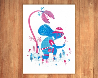 Screen printing "Explorer". Limited edition signed by the author. Stamping with 2 inks on a high quality paper. 36x30 cm