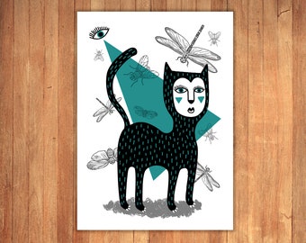 Silkscreen "Cat and flies". Limited edition signed by the author. Stamping to 3 inks on a high quality paper. 35x25 cm