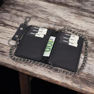 Cartera de cuero con cadena personalizada, cartera de cuero con cadena, cartera de cuero negro con cadena, cartera de cuero negro grabada