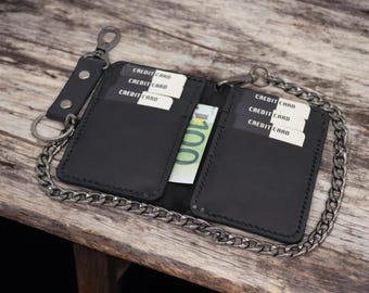Cartera de cuero con cadena personalizada, cartera de cuero con cadena, cartera de cuero negro con cadena, cartera de cuero negro grabada