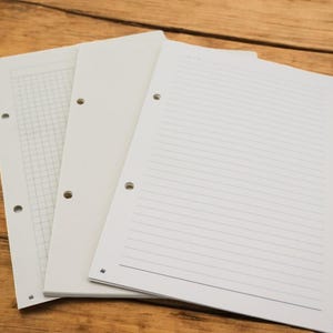 Puede incluir: Tres hojas de papel blancas con agujeros perforados en el borde izquierdo. La hoja superior tiene un patrón de cuadrícula, la hoja del medio está en blanco y la hoja inferior tiene líneas.