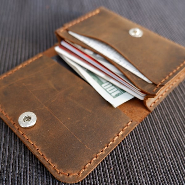 Crazy Horse Leather Card Holder, Personalized Snap Wallet
