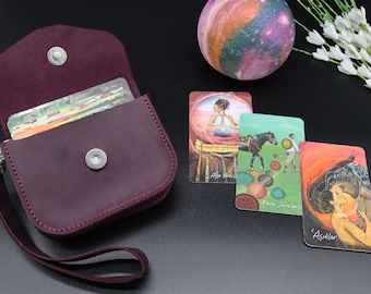 Purple Leather Tarot Card Holder with Wristlet, Personalized Tarot Box