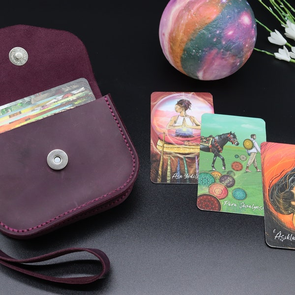 purple leather tarot deck holder with wristlet,tarot card case,personalized tarot card box,