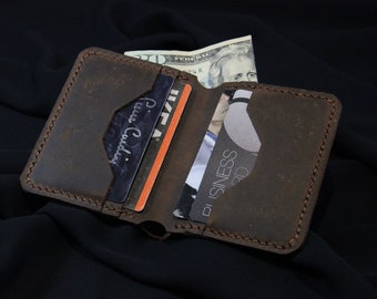 Engraved Leather Bifold Wallet, Personalized Slim Front Pocket Wallet,