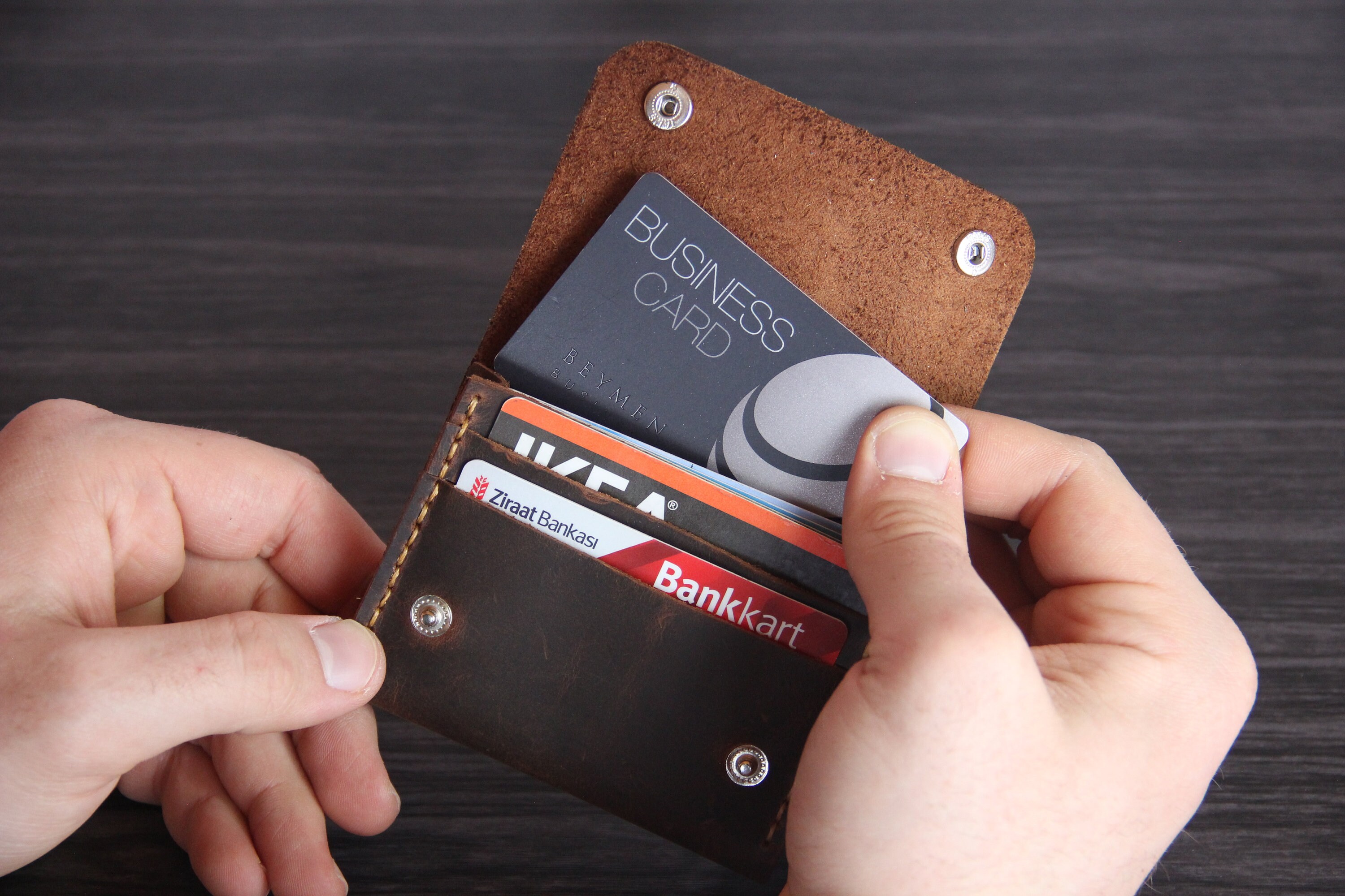 personalized leather front pocket wallet,custom leather  wallet women small ,business card case with snap,slim wallet for men