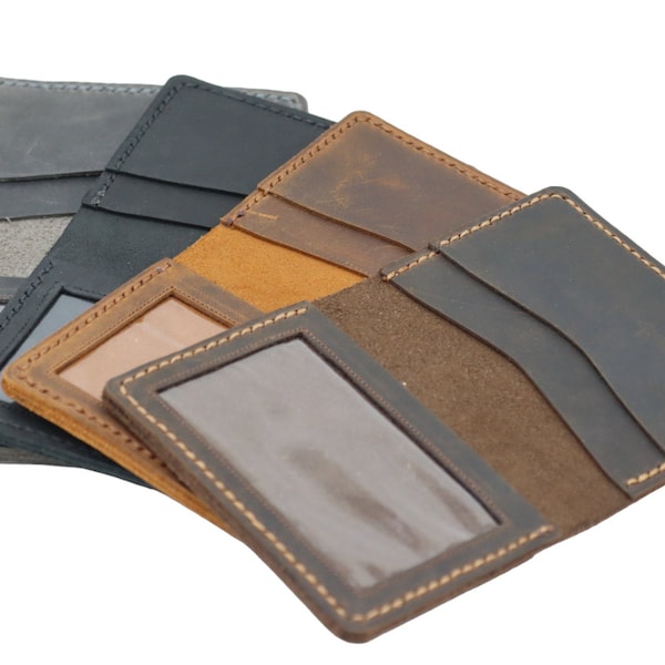 porte-cartes d'identité en cuir personnalisé avec fenêtre d'identité, portefeuille en cuir avec poche avant, portefeuille minimaliste, porte-cartes en cuir