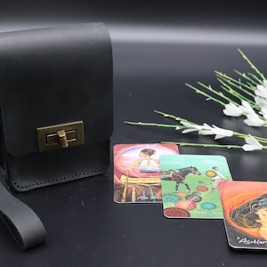porta carte dei tarocchi in pelle con cinturino, astuccio per tarocchi in pelle nera, scatola per tarocchi