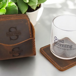Personalized Leather Coaster Set, Custom Luxury Leather Coasters With Holder, 3rd Anniversary Coffee Mug Gift For Husband Wife