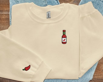 Hot Sauce Embroidered Crewneck Sweatshirt, Hot Sauce Lover Gift, Pepper Sleeve Embroidered, Simple Embroidery Sweater, Cute Comfy Crewneck