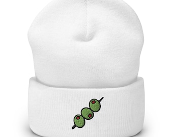 Olijfkleurige geborduurde beanie met omslag | Wintermuts